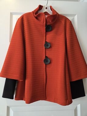 RJoseph Ribkoff Vibrant Burnt Orange Swing Cape Jacket with Black Buttons